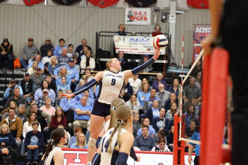 Cissna Park's Addison Lucht tips the ball over the net during the Timberwolves' victory in two sets, 25-22, 25-11, over Windsor/Stewardson-Strasburg in the IHSA Class 1A Heyworth Super-Sectional on Monday, Nov. 10, 2025.