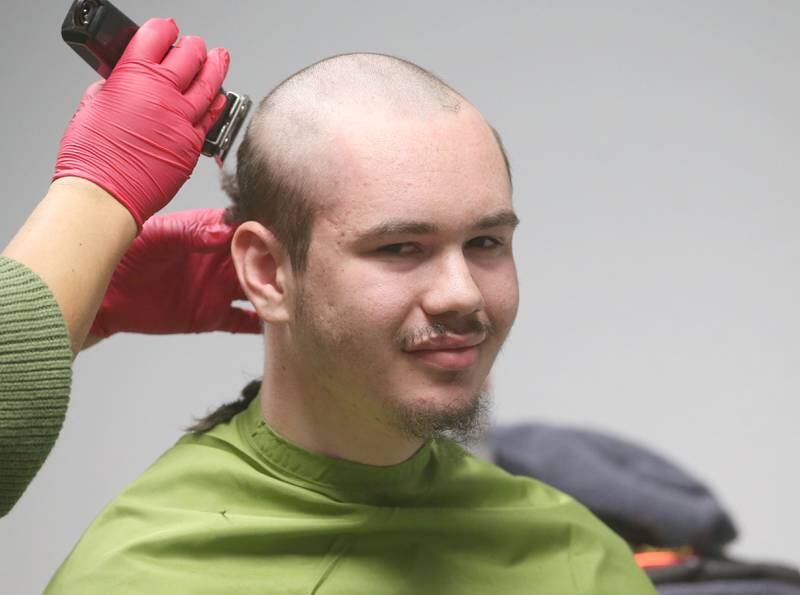 Joe VanHeiden, shaves his head during the first ever St. Baldrick's event on Wednesday, April 30, 2025 at Illinois Valley Community College.
