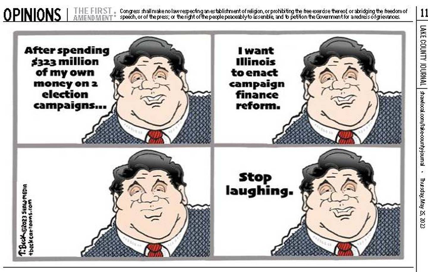 Lake County Journal cartoonist Tom Beck also took second place for a cartoon titled "Illinois Campaign Finance Reform."