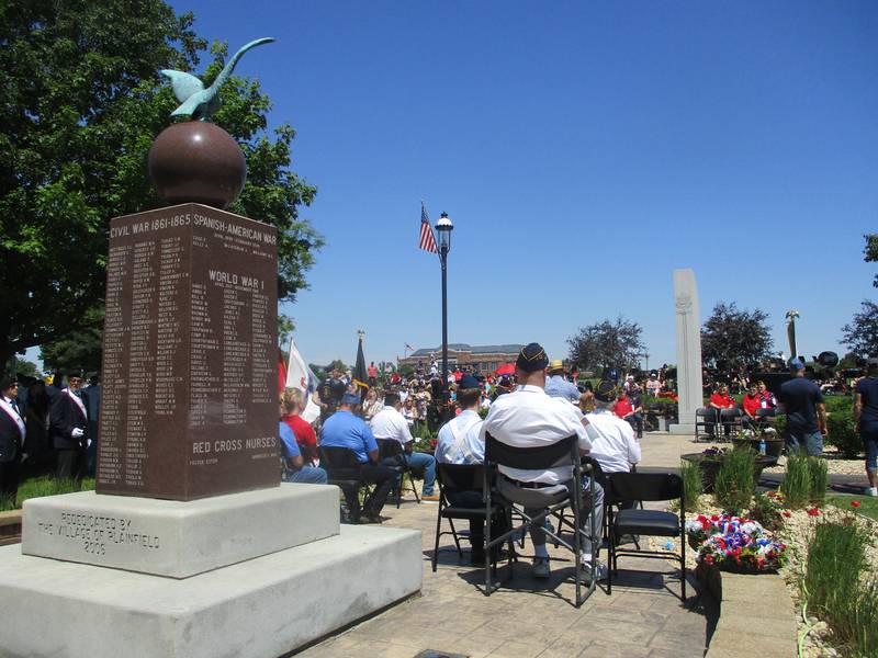 The oldest of the three monuments in Settlers' Park in Plainfield paying tribute to those who died serving their country is seen during a Memorial Day service on Monday. May 25, 2026