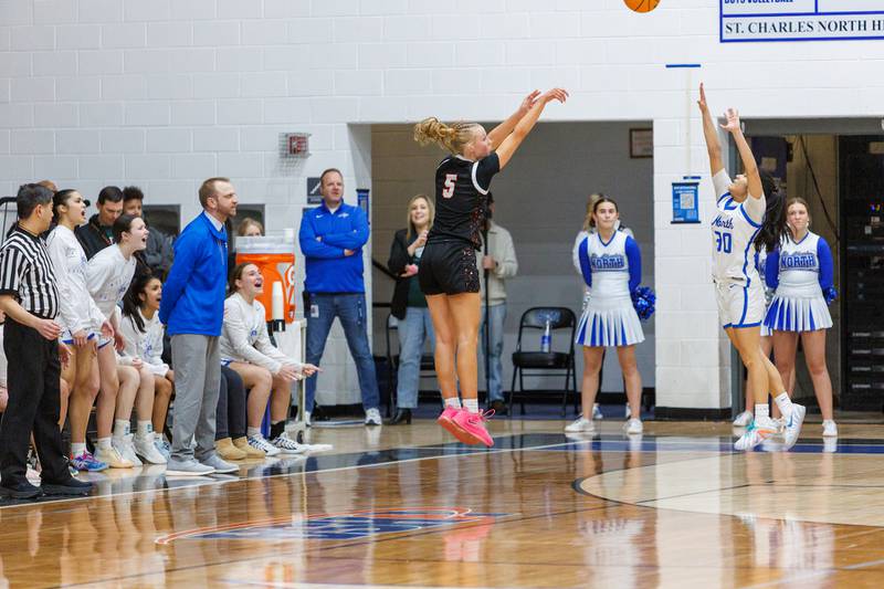 St. Charles East's Brooklyn Schilb shoots a three pointer against St. Charles North on Jan. 30, 2026 in St. Charles.