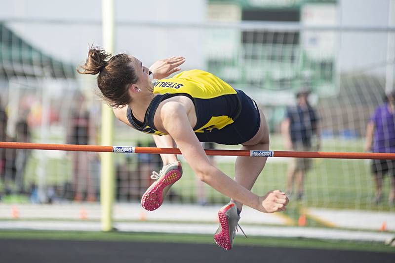 Sterling's Madison Austin clears the bar in the high jump at the 2A track sectionals in Geneseo on Wednesday, May 11, 2022.