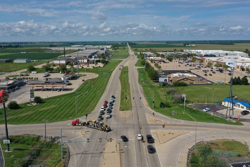 An aerial view of the intersection of Illinois Route 251 and May Road on Friday, Aug. 15, 2025 in Peru. The intersection sees some of the most accidents.