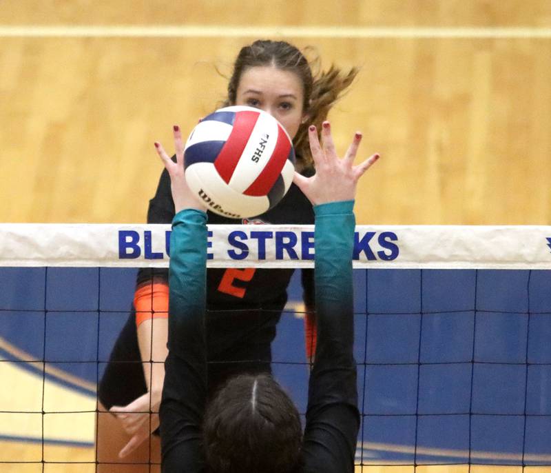 Crystal Lake Central’s Maya Case hits the ball against Woodstock North in IHSA girls volleyball Class 3A Regional action at Woodstock High School in Woodstock on Thursday, October 30, 2025.