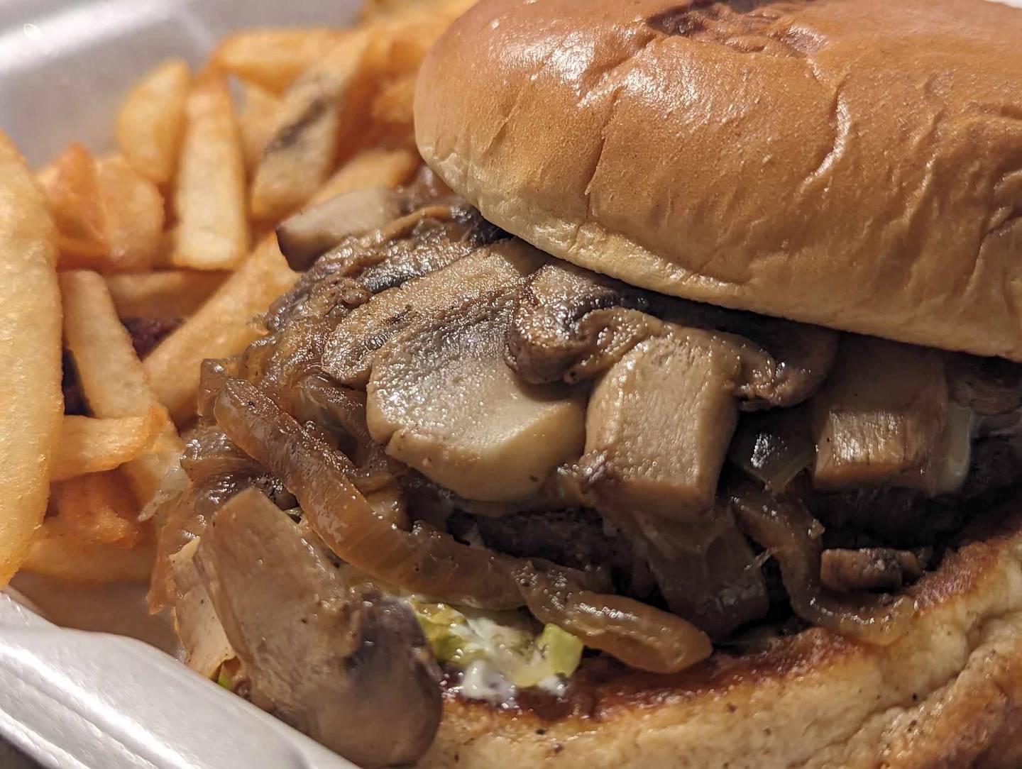 The schroomer for $16 at Backroads Burger & Bar in Plainfield came with Swiss cheese, mushrooms, sautéed Onions, mayonnaise and shredded lettuce. The burger was well-seasoned and not overcooked. The mushrooms and onions were caramelized perfectly.