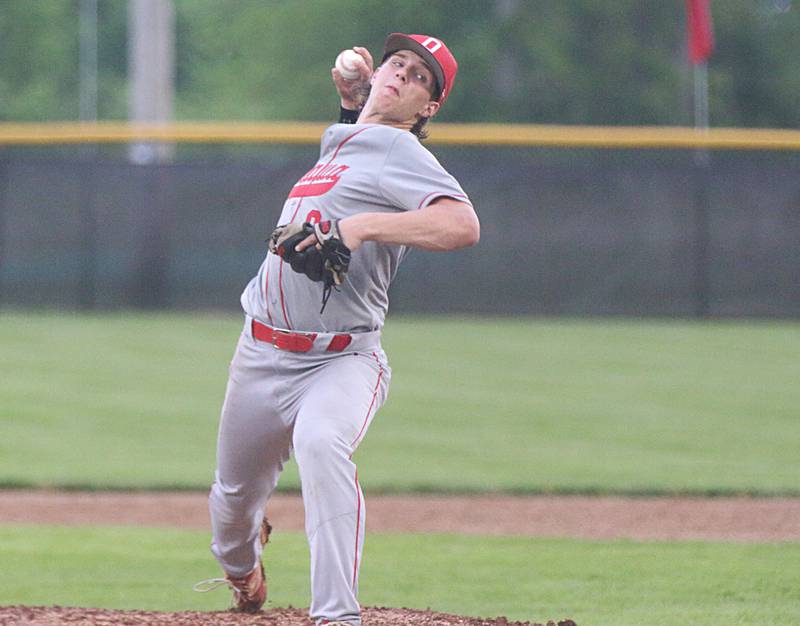 Ottawa's Rylan Dorsey delivers a pitch to Rock Island during the Class 3A La Salle-Peru Regional semifinal game on Wednesday, May 25, 2022, at Dickinson Field in Oglesby.
