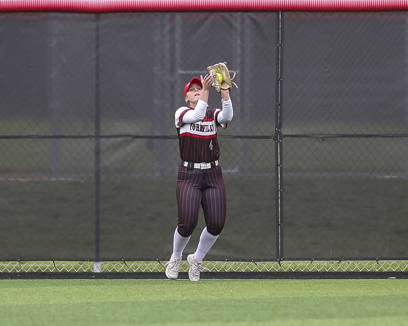 Yorkville's Kenzie Mendez (4) catches a fly ball during softball game between Oswego at Yorkville. May 5, 2026 in Yorkville.
