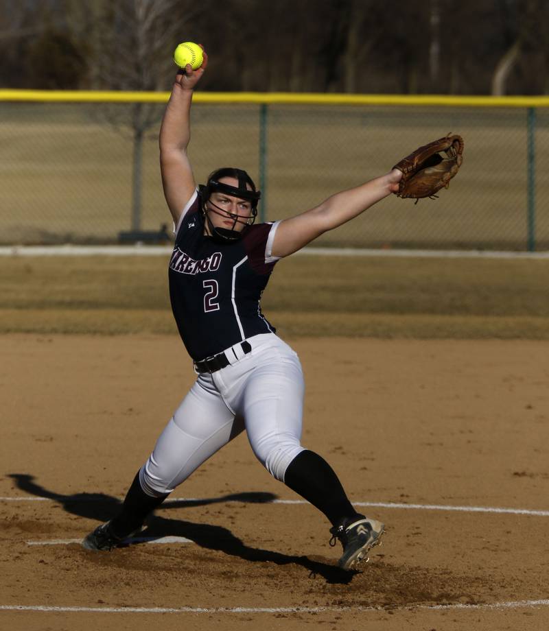 Marengo's Ellie White throws a pitch during a nonconference softball game against Jacobs on Monday, March 9, 2026, at Marengo High School.