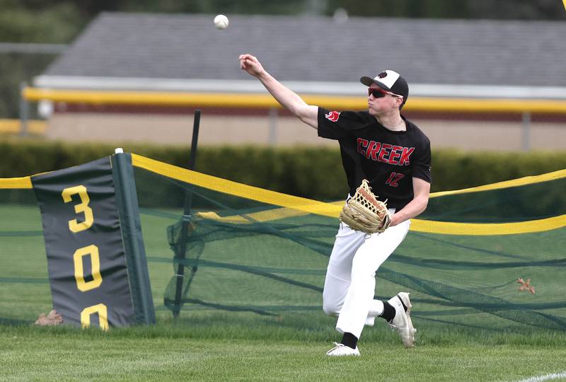 Indian Creek's Jakob McNally gets the ball back into the infield during their game Thursday, April 20, 2023, against Hiawatha at Indian Creek High School in Shabbona. The game was stopped in the first inning due to weather.