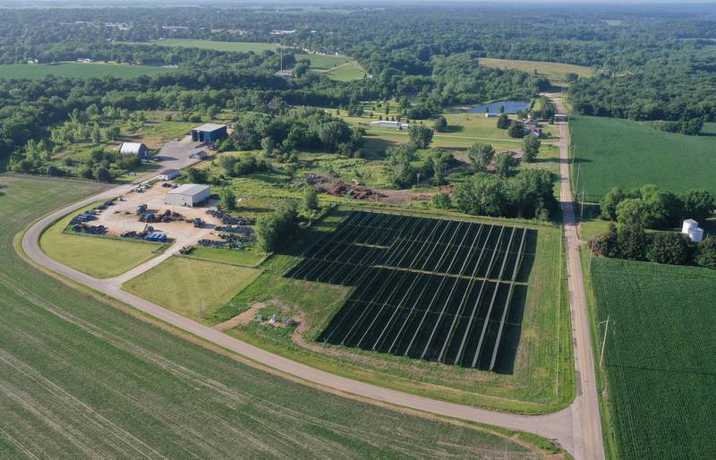 An aerial view of the 1-megawatt generating solar farm on Monday, June 23, 2025, at the intersection of Peggy Land and Epperson Road in Princeton.
