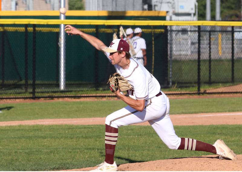 Morris pither Jack Wheeler lets go of a pitch during the Class 3A Regional semifinal game at Huby Sarver Field in La Salle.