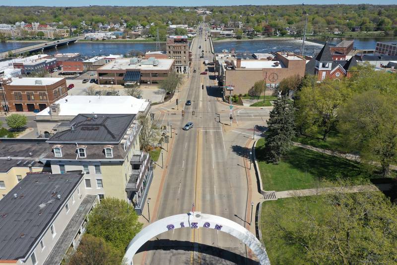 An aerial view of the downtown area on Wednesday, May 3, 2023 in Dixon.