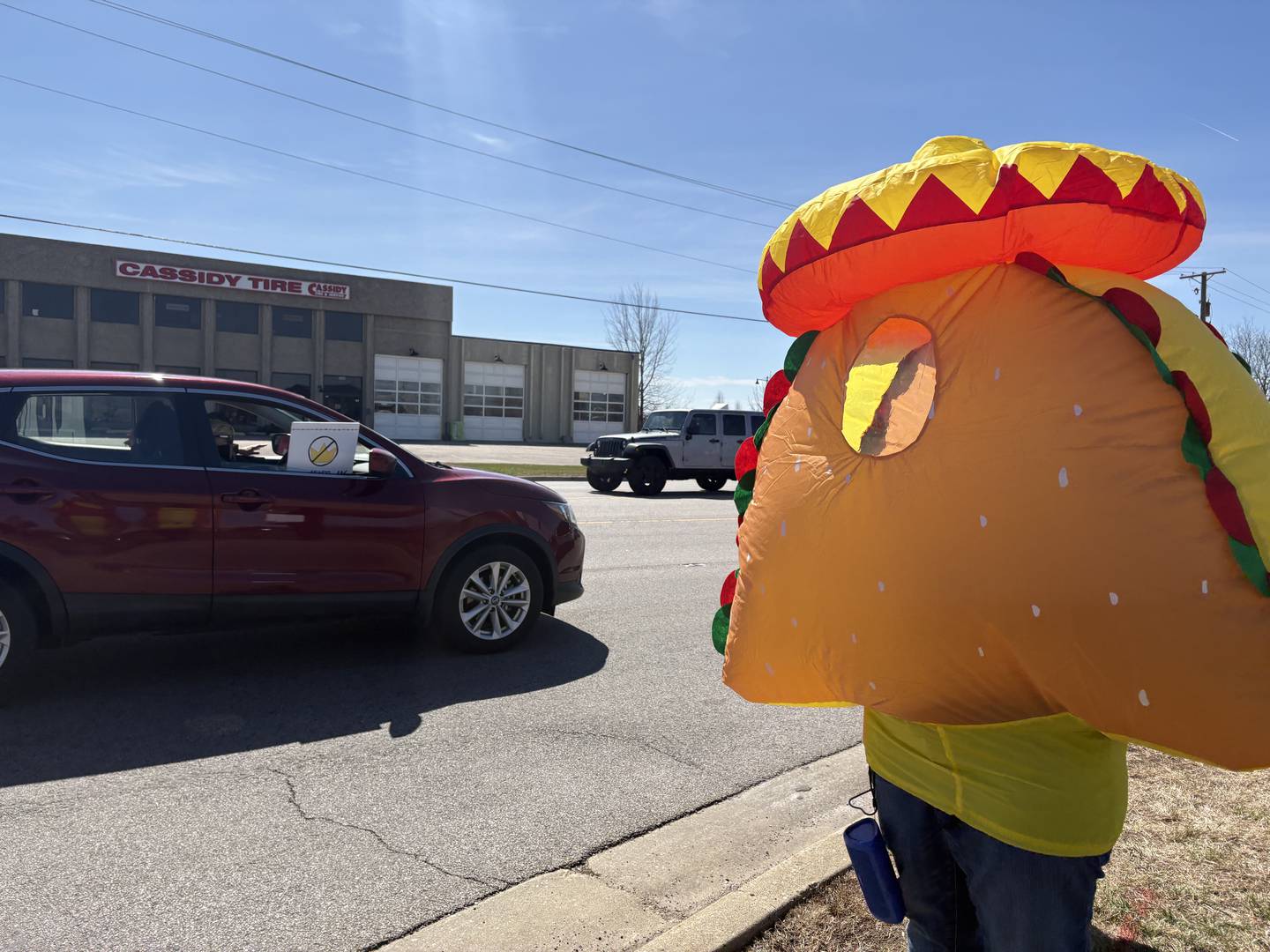 A car holds a sign as it passes protester Louise Steinbach at a No Kings rally in Crystal Lake, Saturday, March 28, 2026.