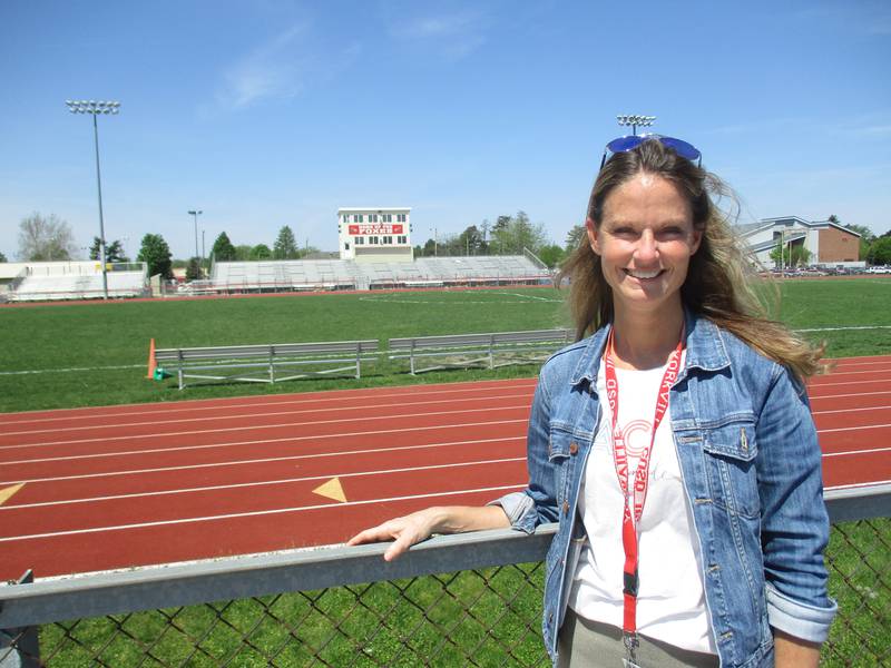 Yorkville School District Y115 Director of Facility Operations Heather DiVerde is seen here on May 11, 2023 from the visitor stands at the Yorkville High School football stadium.