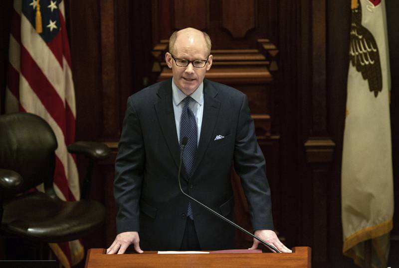 FILE- Illinois Senate President Don Harmon, D-Oak Park, delivers remarks after taking the oath of office in the Illinois Senate at the Illinois State Capitol, on  Jan. 19, 2020, in Springfield, Ill. The Illinois Senate approved a ban on semiautomatic weapons Monday, Jan. 9, 2023, just hours after Gov. J.B. Pritzker was sworn into his second term and delivered his disgust over frequent deadly shootings.  “We've been dealing with gun violence in all fashions for far too long.,” said Harmon, sponsoring the legislation. (Justin L. Fowler/The State Journal-Register via AP, File)
