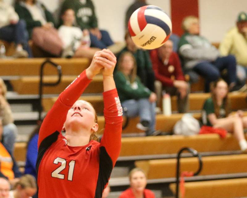 Henry-Senachwine's Brynna Anderson sends the ball back to the St. Bede side on Tuesday, Oct. 21, 2025 at Henry-Senachwine High School.
