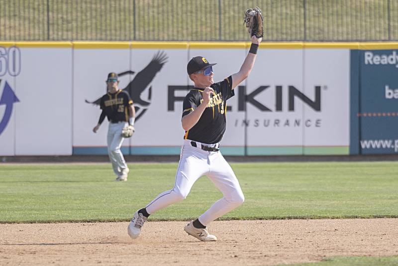 Goreville’s Garrett Church snags a high hopper at third base against Newman Saturday, June 3, 2023 during the IHSA class 1A third place baseball game.