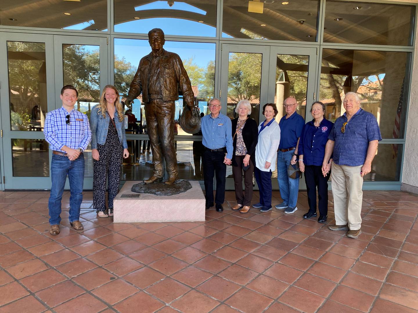 Gathering at the Ronald Reagan Presidential Library. From Left to Right: Kyle Ferrebee, Eloise Smith, Mike and Mardi McBride, Earlene and Jay Wolfe, Linda and Jerry Frana