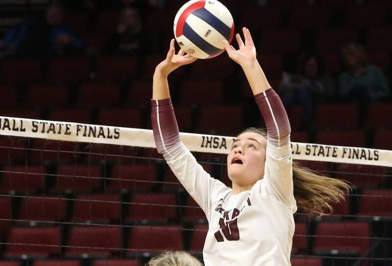 Lockport's Natalie Bochantin sets the ball in the air during the Class 4A State semifinal game on Friday, Nov. 15, 2024 at CEFCU Arena in Normal.