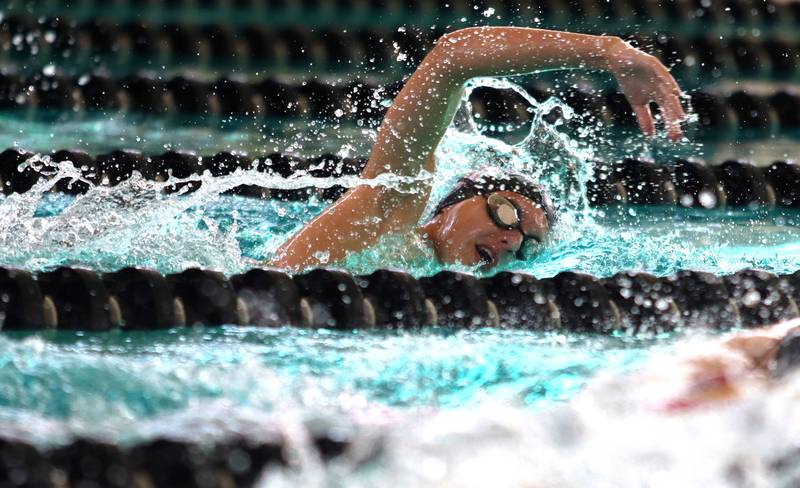 McHenry’s Emma Blanken swims the 200-yard freestyle during the Fox Valley Conference Championship Meet at Woodstock North High School on Saturday, Nov. 2, 2024 in Woodstock .