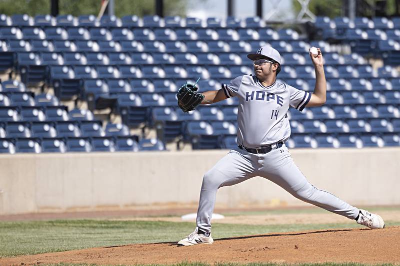 Chicago Hope’s Cesar Marquez fires a pitch against Newman Monday, May 29, 2023.