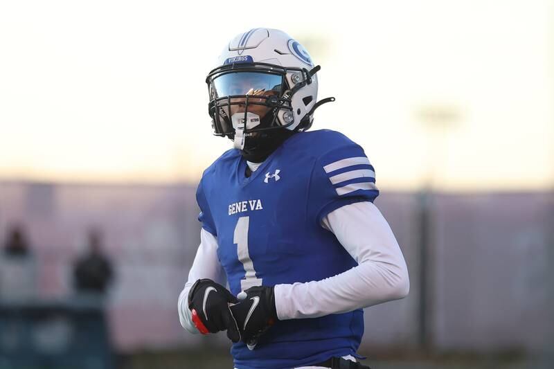 Geneva’s Talyn Taylor looks to the sidelines before a play against East St. Louis in the Class 6A state championship on Saturday, Nov. 30, 2024 in Normal.