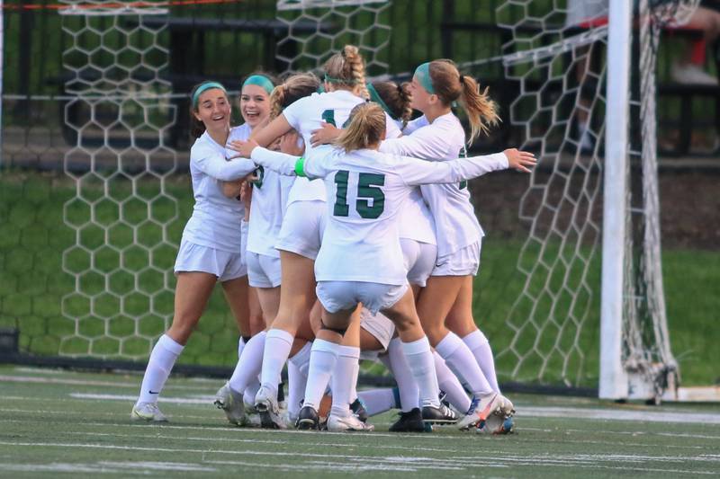 Glenbards West celebrates a goal during the Class 3A Glenbard West Sectional final game between Lyons at Glenbard West. May 27, 2022