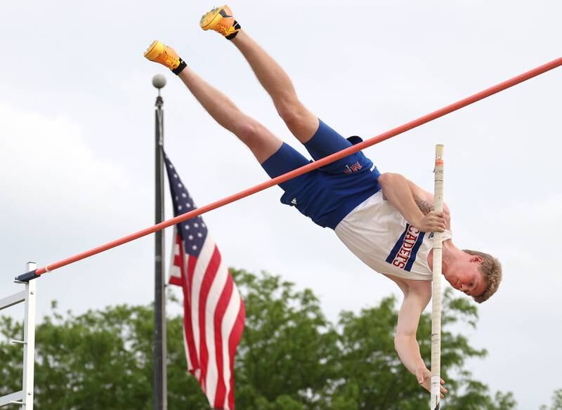 Marmion Academy’s Ryan Anderson clears the bar in the pole vault Thursday, May 16, 2024, during the Class 2A boys track sectional at Sycamore High School.