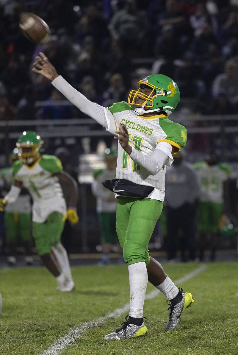 Chicago Ag Science’s Braeden Gillie fires a pass against Dixon Friday, Nov. 8, 2024 in the second round of the Class 4A football playoffs.