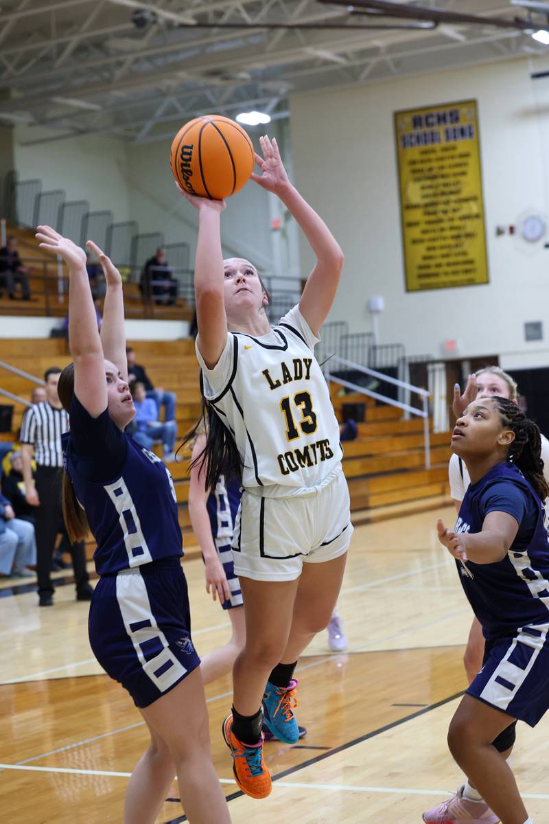 Reed-Custer's Atiana Hood goes for a layup during the Comets' 55-24 victory over Grace Christian at the Reed-Custer Classic on Monday, Nov. 17, 2025.