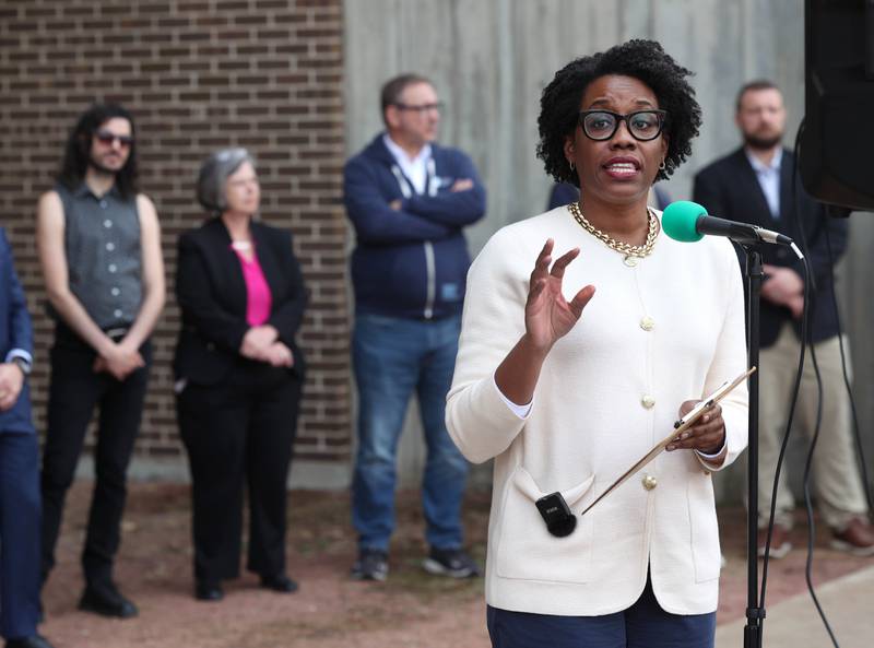 U.S. Rep. Lauren Underwood, D-Naperville, speaks Wednesday, April 23, 2025, during a rally to support Northern Illinois University’s international students, faculty and staff. The event was held in front of Founders Memorial Library at NIU in DeKalb.