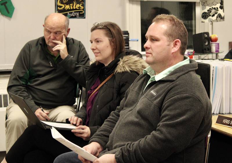 Rich Montgomery, athletics director; Angela Duggins, English instructor and drama sponsor; and Chris Wolter, IT coordinator for Aero Group, attend the Wednesday, Oct. 19, 2022, meeting of the Rock Falls board of education.