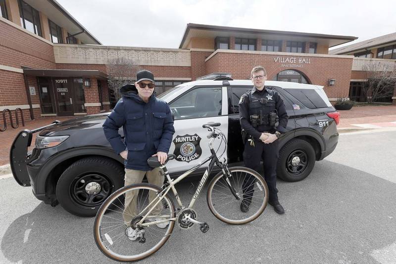 Mike Bruce of Huntley has a new bike to get around on, thanks to the efforts of Huntley police officer Joe Lanute.