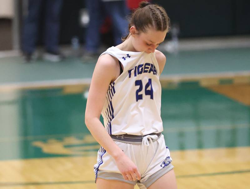 Princeton's Keighley Davis reacts after falling to St. Bede during the Class 2A Regional semifinal game on Tuesday, Feb. 17, 2026 at St. Bede Academy.