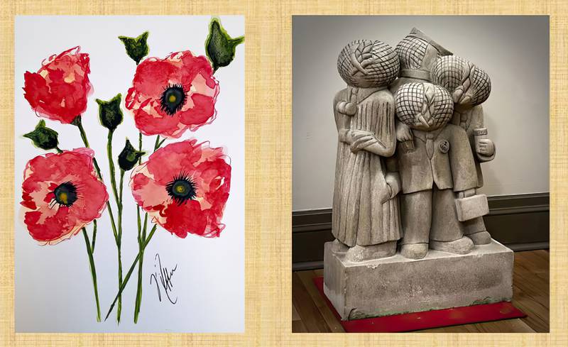 (Left to right); Floral paining created by artist Ginnifer Dougherty and stone sculpture created by sculptor Brad Cahill