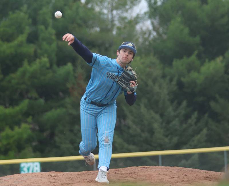 Marquette's Alec Novotney lets go of a throw to Eureka on Wednesday, April 1, 2026 at Masinelli Field in Ottawa.
