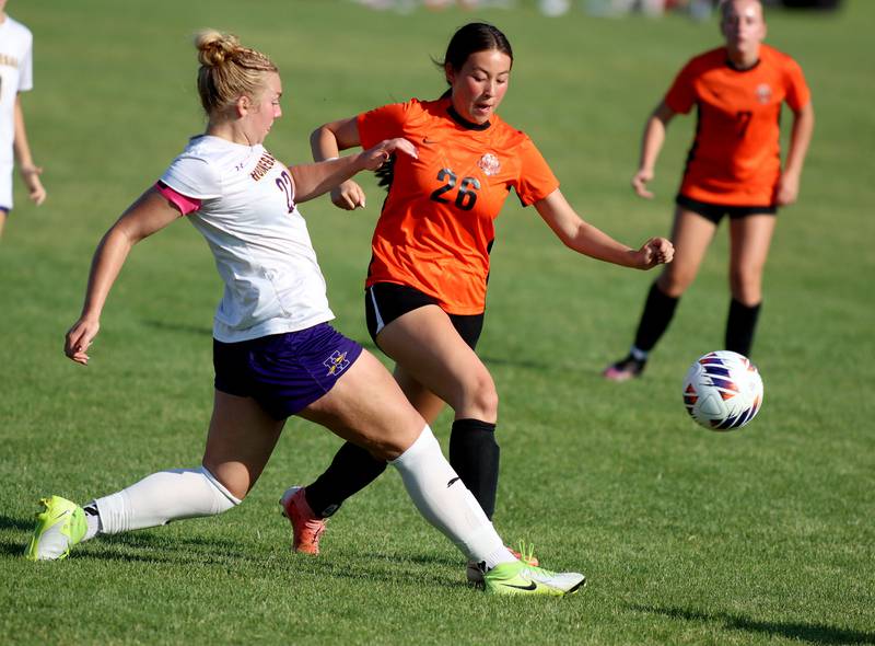 Crystal Lake Central’s Avery Chan, back, races  Hononegah’s Annika Londo for the ball in IHSA Class 2A Sectional Semifinal girls soccer on Monday, May 25, 2026 at Crystal Lake Central High School in Crystal Lake.