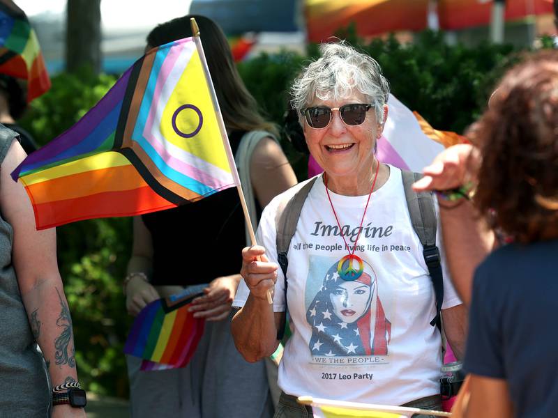 Lana Haines, from Kingston, lines up to march in the parade Saturday, June 21, 2025, during the DeKalb Pride Fest in front of the Egyptian Theatre in DeKalb.