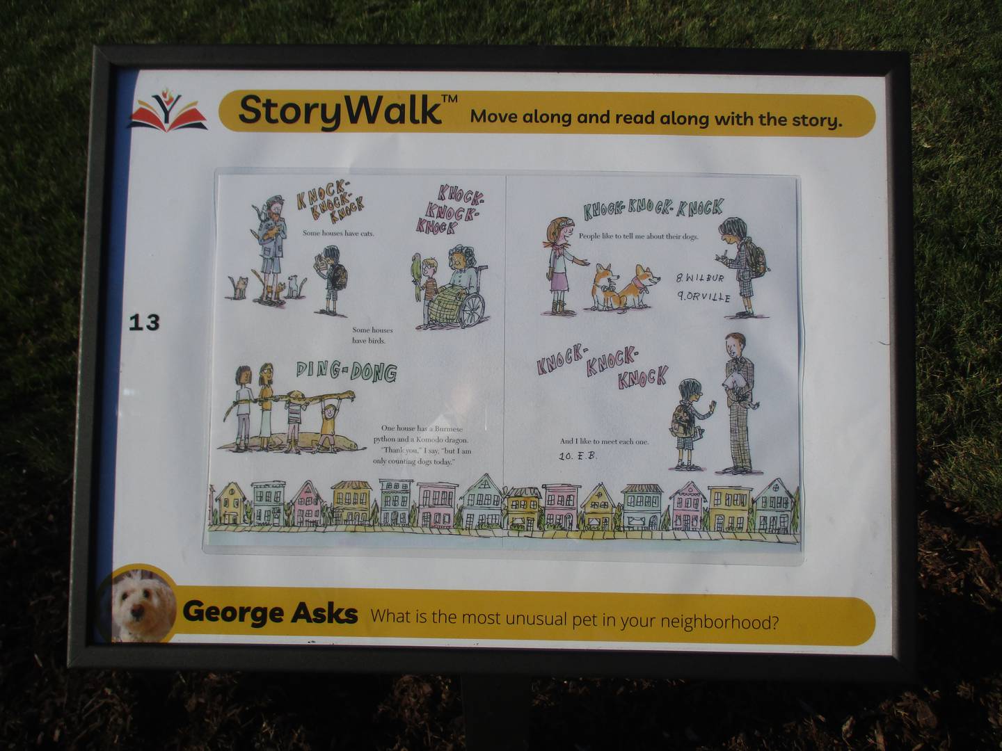 Here is one of the two-page panels from the Yorkville Storywalk's first book, "Every Dog in the Neighborhood" by Philip C. Stead and Matthew Cordell.