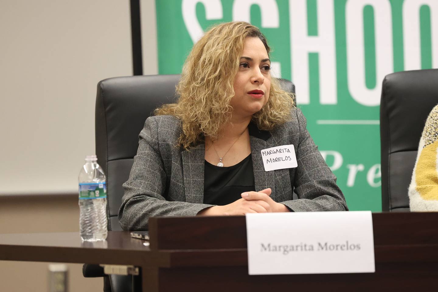 Candidate for Plainfield District 202 Board Margarita Morelos answers a question at a moderated forum for the candidates at the District 202 office on Thursday, March 16th, 2023 in Plainfield.