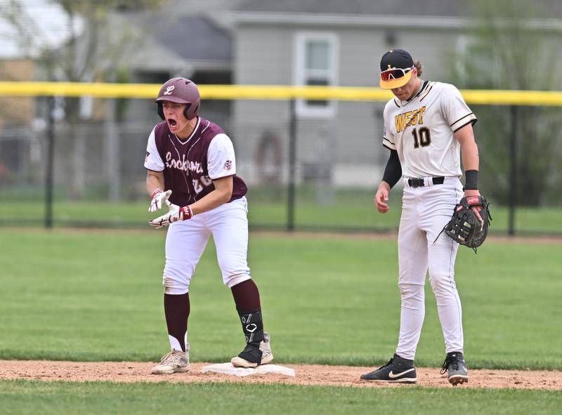 Lockport's Ryan Groberski reacts to being safe at second base during the non-conference game against Joliet West on Saturday, April. 27, 2024, at Lockport.