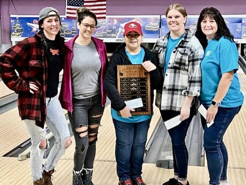 Josie Lindsey (center) of Kewanee won her second Princeton's Women's Masters championship in four years at Pin Splitters Lanes on Sunday. Rounding out the top five were Ashley Hensley (from left) in fifth, Danielle Hoopes in third, Katie Gerrard in second and Melinda Camp in fourth.