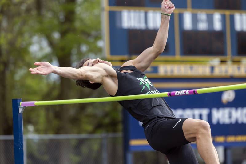 Rock Falls’ Anthony Valdivia clears the bar in the high jump Friday, May 2, 2025, at the Sterling Night Relays.