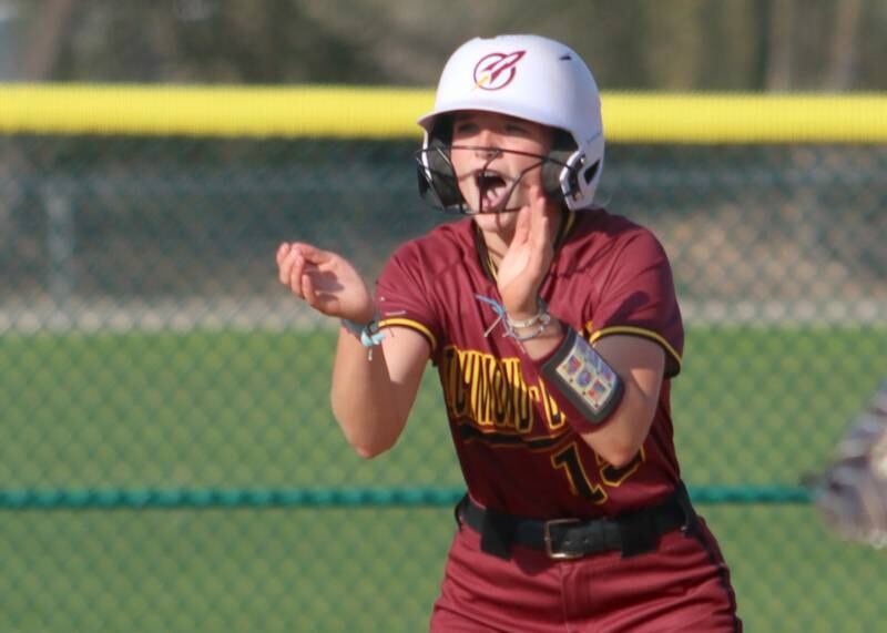 Richmond-Burton’s  Rebecca Lanz gets revved up after landing safely at second base against Marengo in varsity softball on Tuesday, April 22, 2025, at Marengo High School in Marengo.