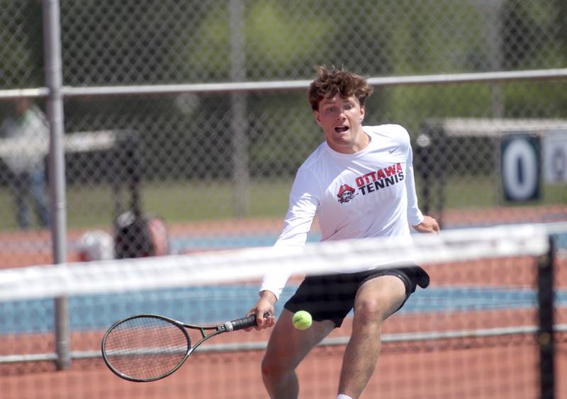 Ottawa’s Noah Gross, along with doubles partner Adam Gross (not pictured) competes in the Class 1A Boys State Tennis Meet at Hoffman Estates High School on Thursday, May 25, 2023.