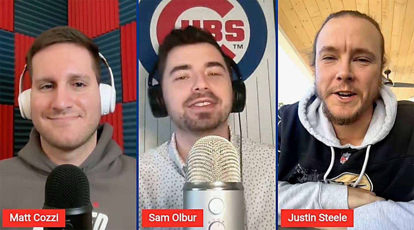 "Locked On Cubs" podcast hosts Matt Cozzi (left) and Sam Olbur interview Cubs pitcher Justin Steele during a recent episode.