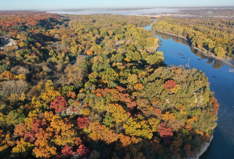 A aerial view of fall colors on Thursday, Oct. 24, 2024 at Starved Rock State Park.