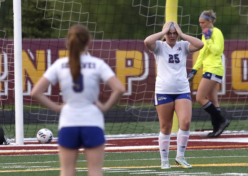 Johnsburg's Jacquelyn Douglas reacts to the Willows’ second goal during a IHSA Division 1 Richmond-Burton Sectional semifinal soccer match Tuesday, May 16, 2023, at Richmond-Burton High School.