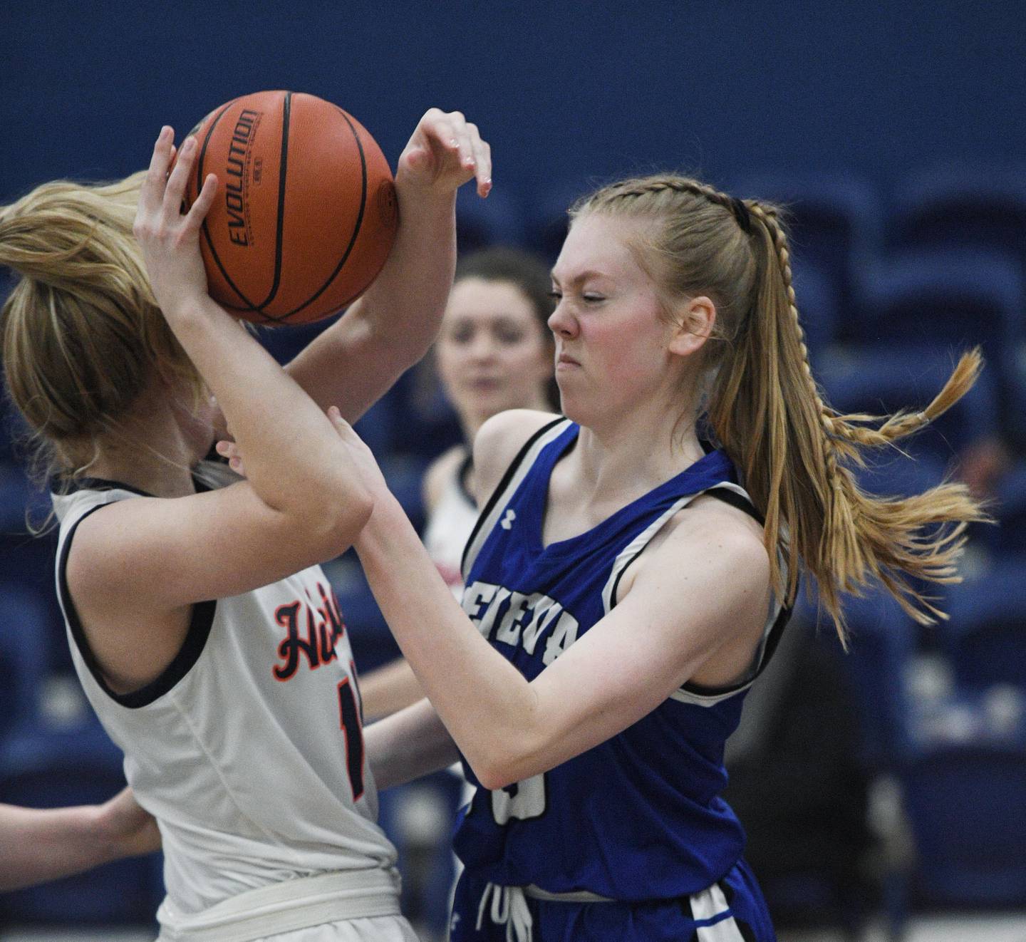 John Starks/jstarks@dailyherald.com
Naperville North’s Kendall Johnson and Geneva’s Lauren Slagle fight for the ball in the semifinal game of the Morton College girls basketball tournament in Cicero on Thursday, December 29, 2022.