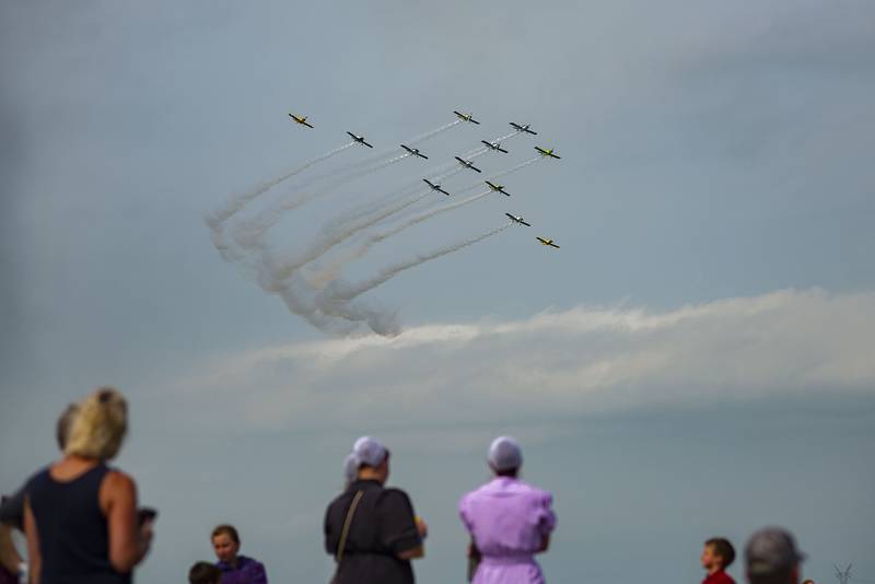 The Full Throttle Formation Team performs a configuration called the stingray as they show off their skills Saturday, July 23, 2022 at the Wings over Whiteside airshow. The is the second time the group has performed at the airport.